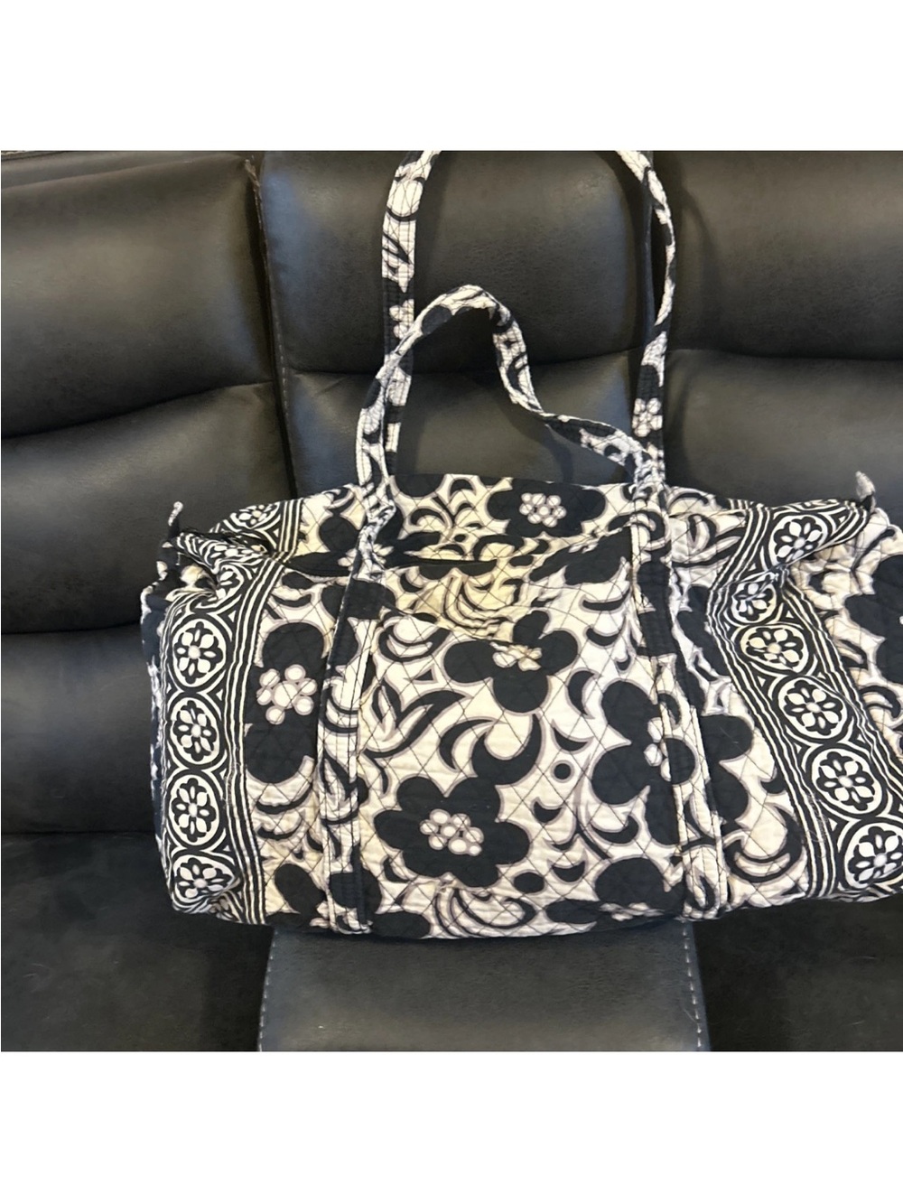 Vera Bradley Large Quilted Black and Cream Floral Duffle Tote